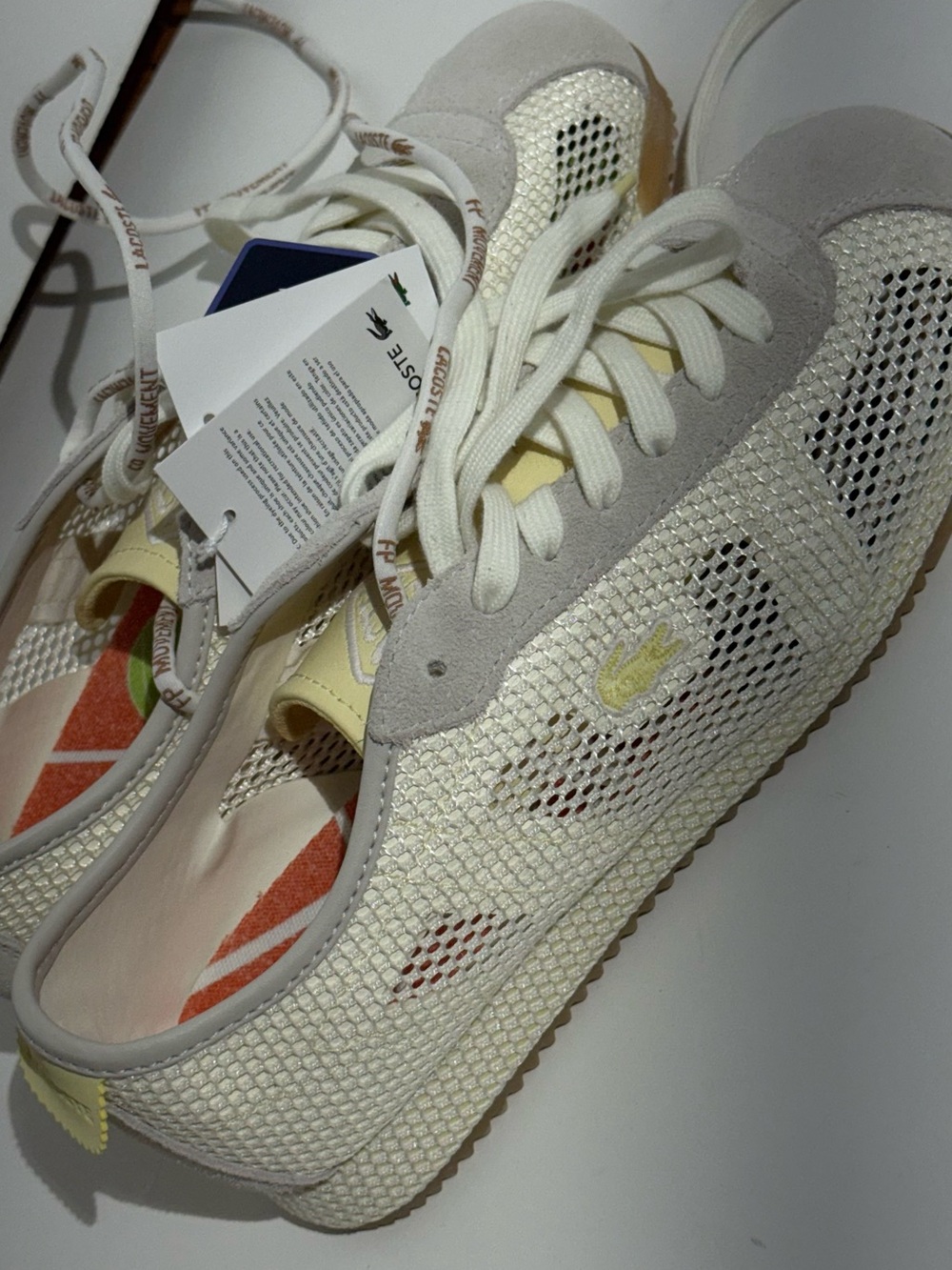 NWT FP Movement Lacoste Women’s Cream & Yellow Mesh Suede Club Low Sneakers - Picture 10 of 16